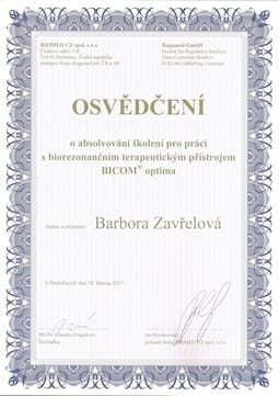 Osvědčení o absolvování školení pro práci s biorezonančním terapeutickým přístrojem BICOM Optima.