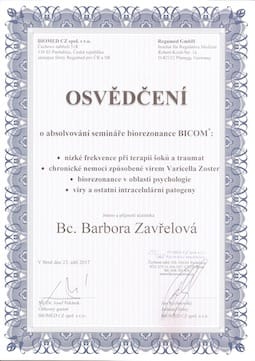 Osvědčení o absolvování semináře biorezonance BICOM.