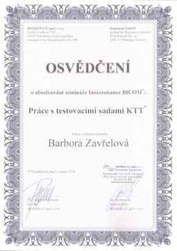 Osvědčení o absolvování semináře biorezonance BICOM.