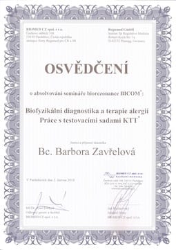 Osvědčení o absolvování semináře biorezonance BICOM.